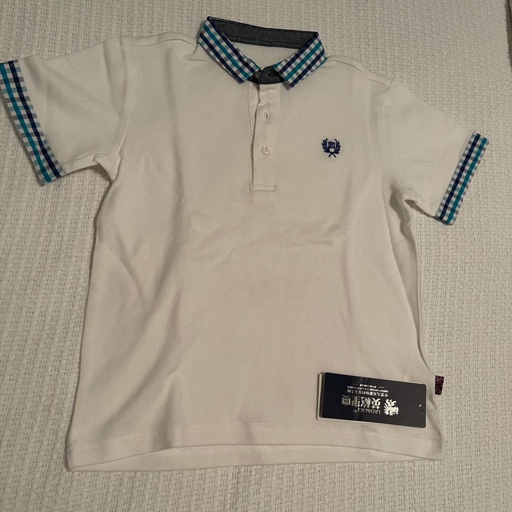 Leo & Lily white polo shirt with color checkered collar. New with tag.